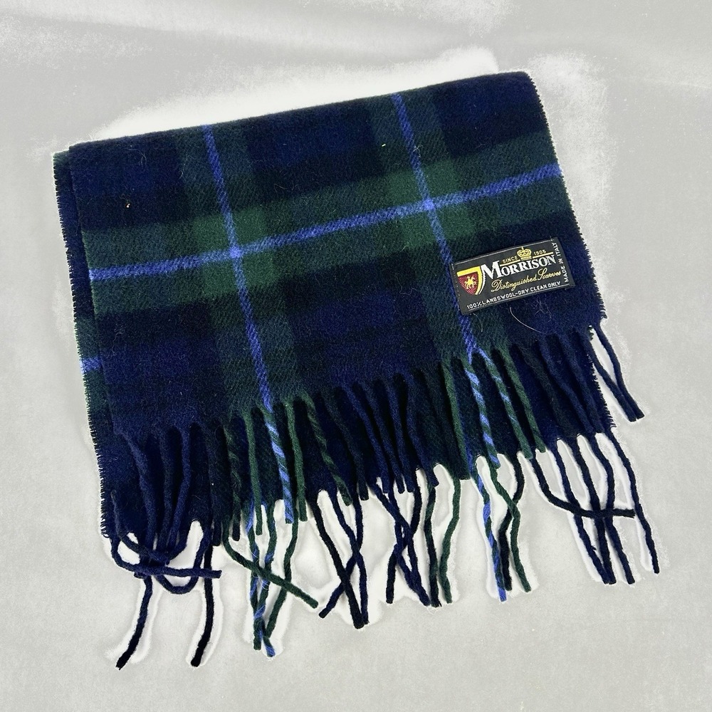 Morrison 100% LAMBSWOOL Plaid Wool Scarf Navy Green Italy